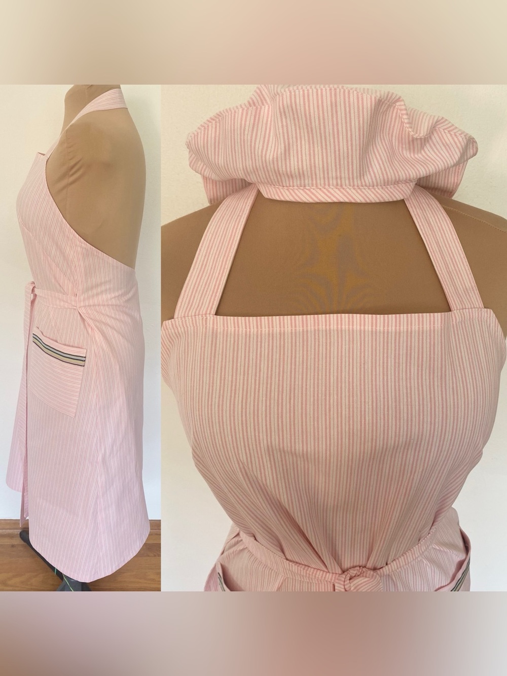Vintage 70s-Inspired Boho Apron Dress Set *X-Large* Pink Stripe Halter Wrap